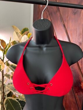 Red Ribbed Lace-Up Triangle Bikini Top